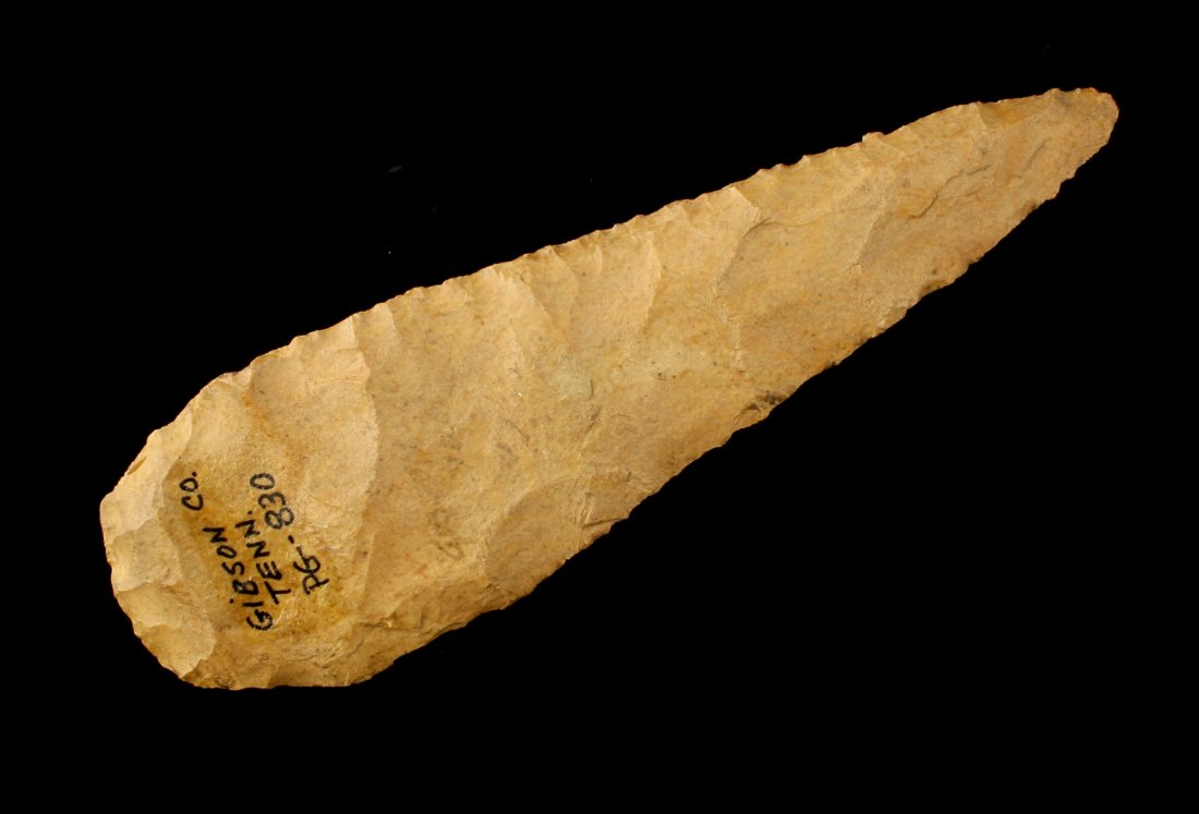 5 7/8" Stanfield Knife - Perino COA: Large fantastic example found in Gibson Co., Tennessee. Ex - Peter Gallick, Jr. Collection. Excellent early Perino COA (1990). Perino identified as a form of jasper.