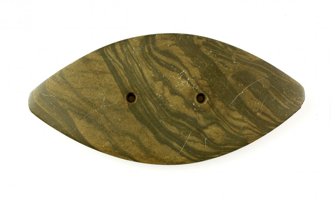 4 7/8" Ovate Gorget: Slate example with raised ridge on one side. Indiana.