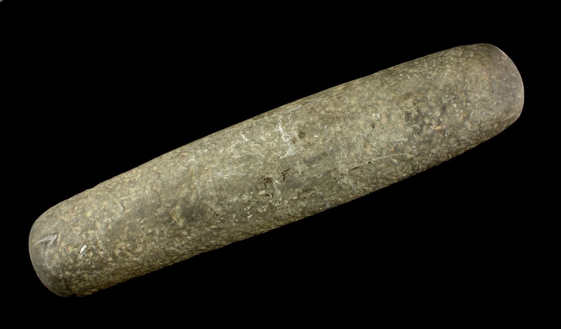 12 1/2" Roller Pestle: Fantastic 'combination' example found by Rube Shimer in Chemung Co., New York. Gray hardstone with nice use wear. Ex - Tate Collection.