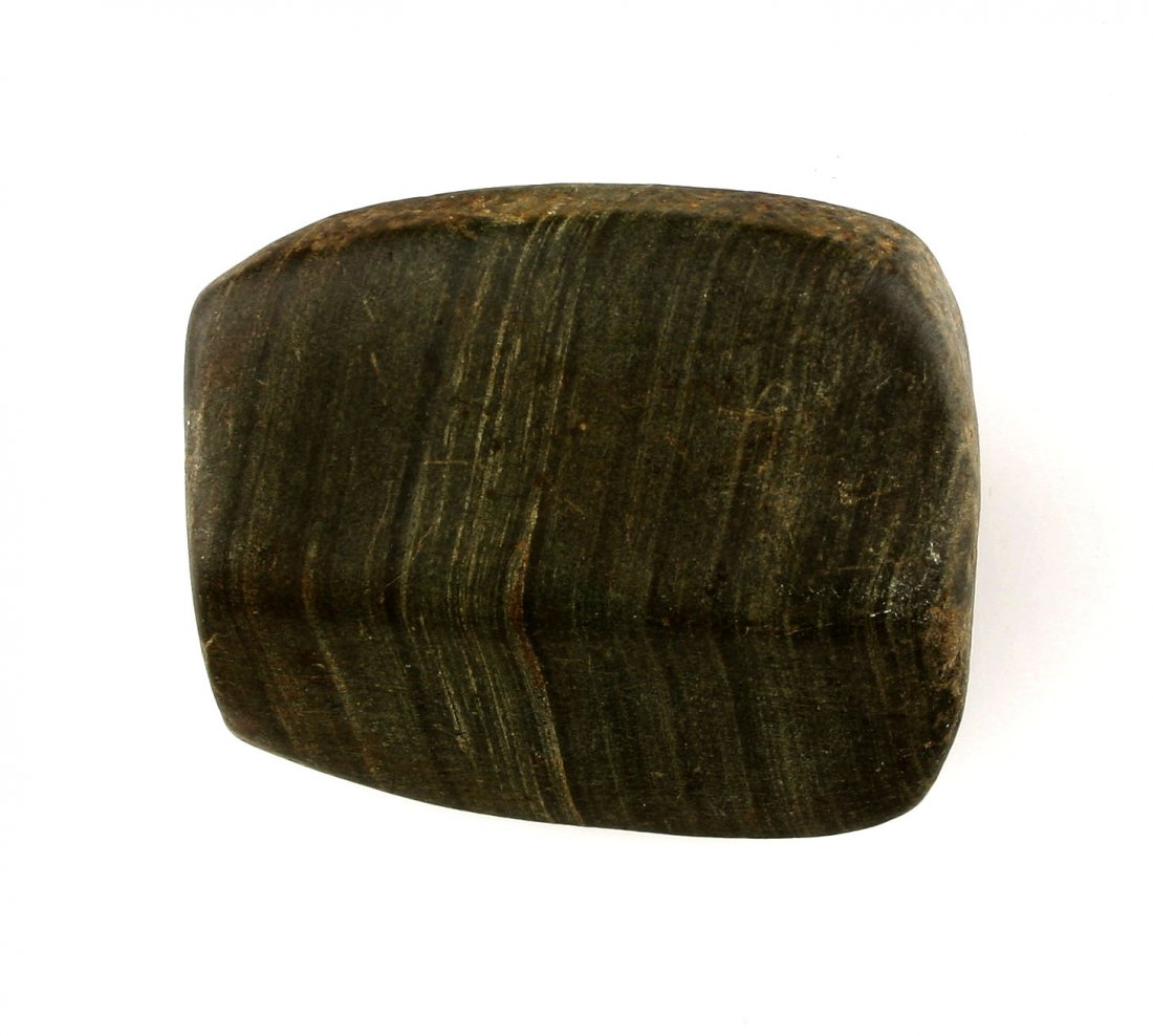 2 1/16" Prismoidal Bannerstone -Unfinished: Banded slate example from Greene Co., Illinois with excellent polish and form. Drilling approx 2/3rd complete.