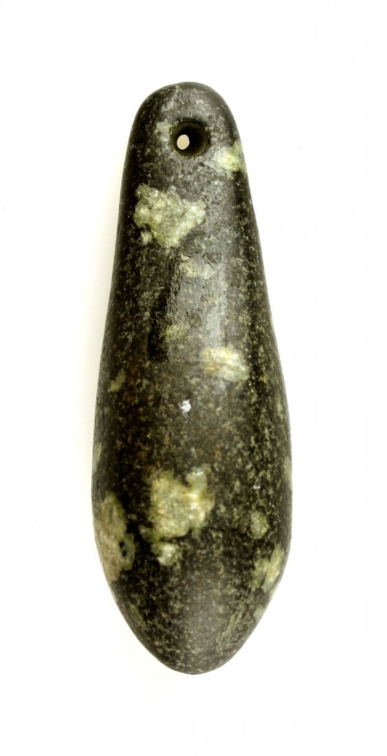 3" Drilled Plummet: Porphyry example from Pike Co., Illinois. Marked with a yellow collection #S.057