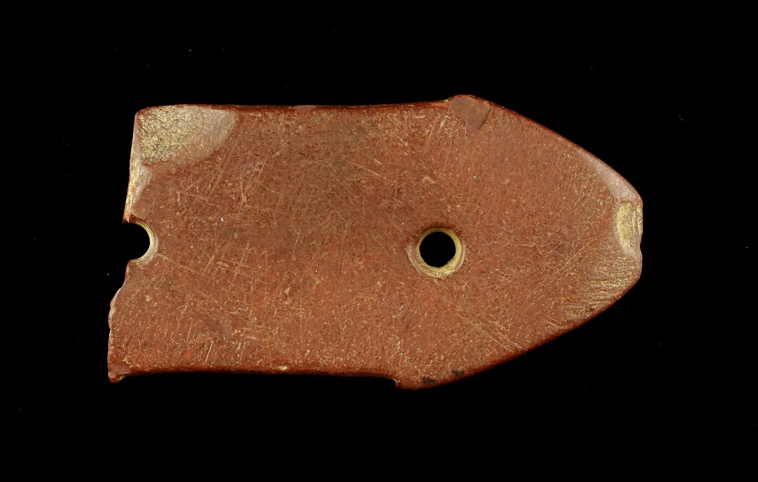 2 7/8" Engraved Constricted Center Gorget: Brown/Red Slate example from Owen Co., Indiana collected around 1920. Indented furrow between the holes from hafting wear.