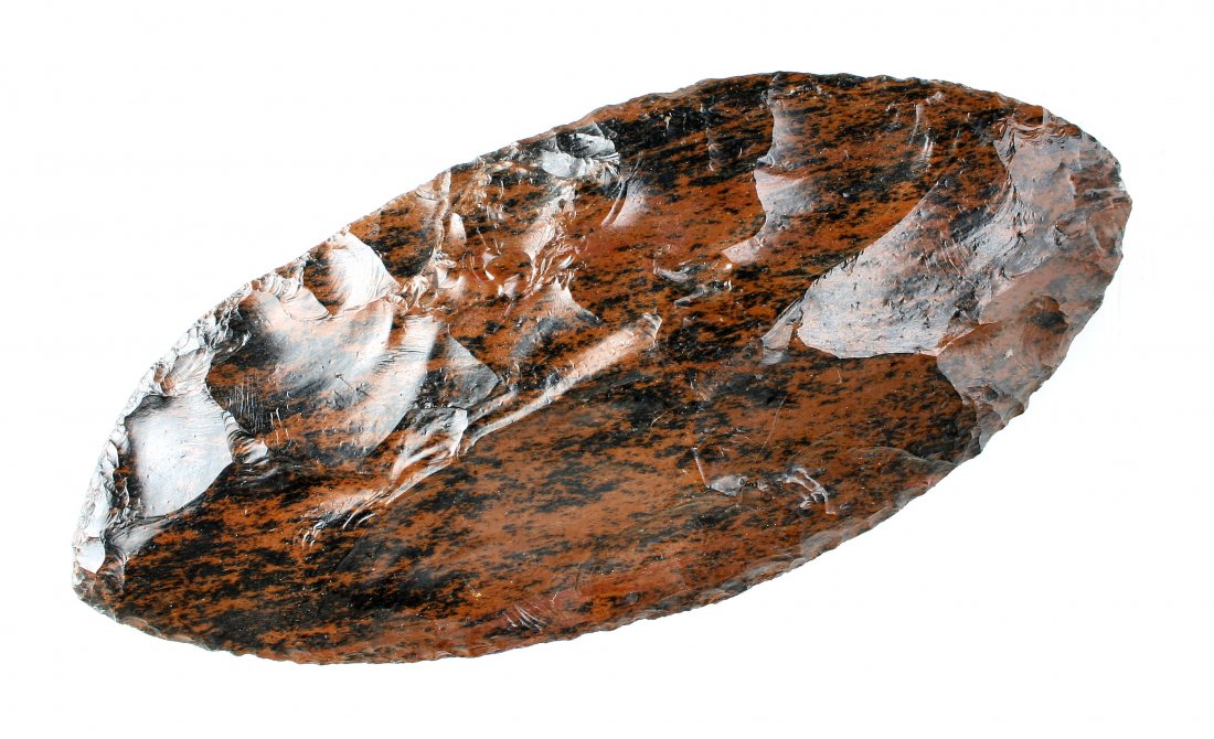 8 1/4" Ted Orcutt Bipointed Knife: Wonderfully colored piece of Mahogany Obsidian made by master knapper Ted Orcutt in the first half of the 20th century. Orcutt was a master knapper and Karok Indian. Formerly of the C.L. Pugh Museum.