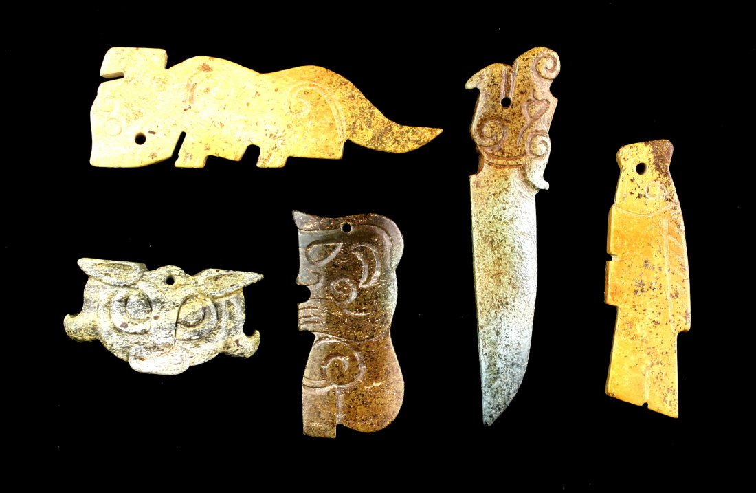 Collection of 5 Chinese Stone Carvings: Reported to be Jade by the consignor. Cold to the touch and scratch resistant but not tested for specific gravity. Largest measures 3 3/8" wide. Age unknown. Total weight 95 grams.