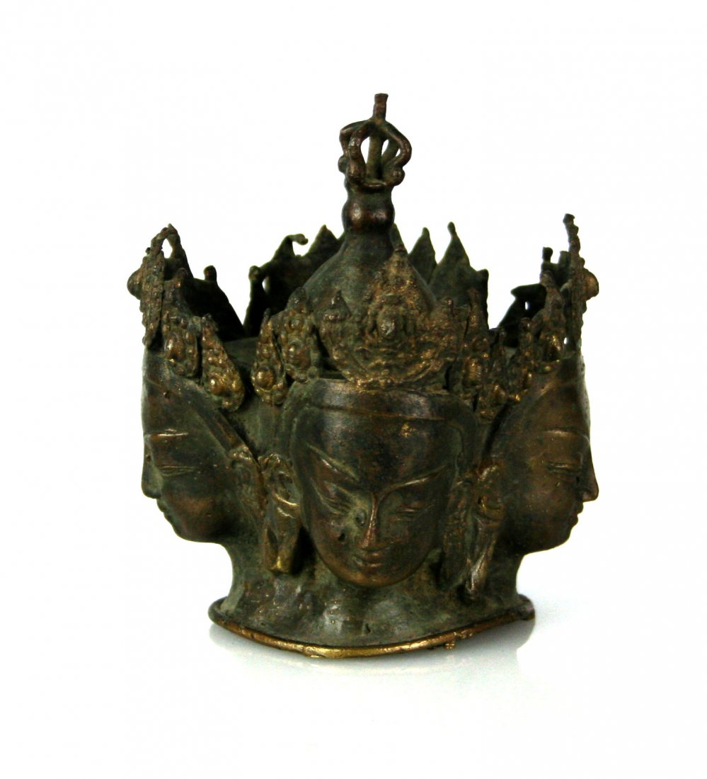 4 1/4" Bronze Buddhist Sculpture: Featuring 4 crowned Buddha Faces. Exact age unknown but excellent brown patina present.