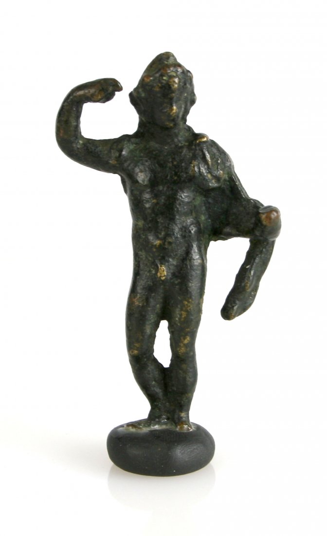 3 1/4" Roman Bronze Male Statuette: 100% intact example circa 1st-3rd Century AD. Incredible patina on this nude figure with robe or animal pelt draped over one shoulder and arm.