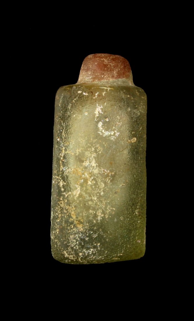 1 3/4" Roman Glass Square Bottle: Formerly of the Tedder estate collection. Los Angeles. Nice blown glass example with stippled surface texture.