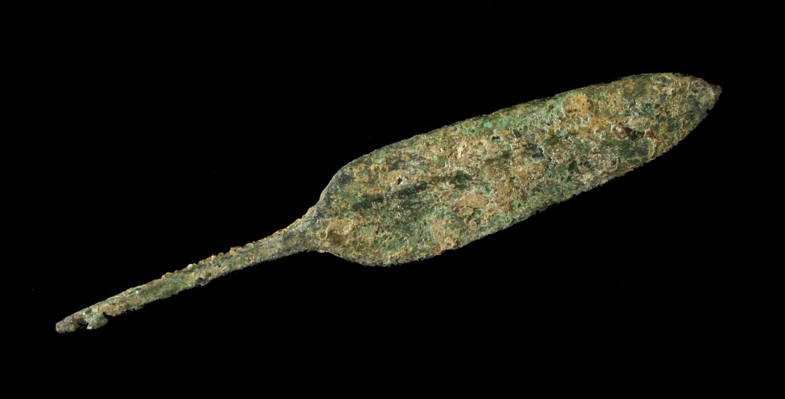 4 3/16" Luristan Bronze Spear: 1000BC example from Ancient Luristan. Formerly of the Tedder estate collection. Los Angeles.
