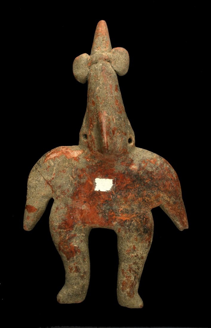 8 3/4" Jalisco Sheepface Figurine - Broken & glued: Nice example from West Mexico. One arm broken and glued back. No filler restoration and loaded with mineralization.