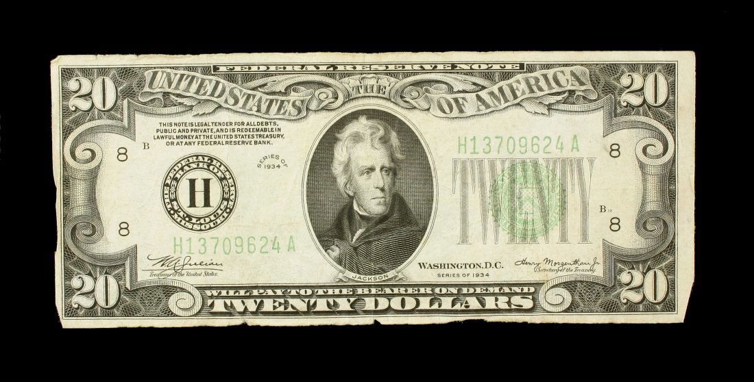 1934 $20 Twenty Dollar Bill: Fair condition example with creasing.
