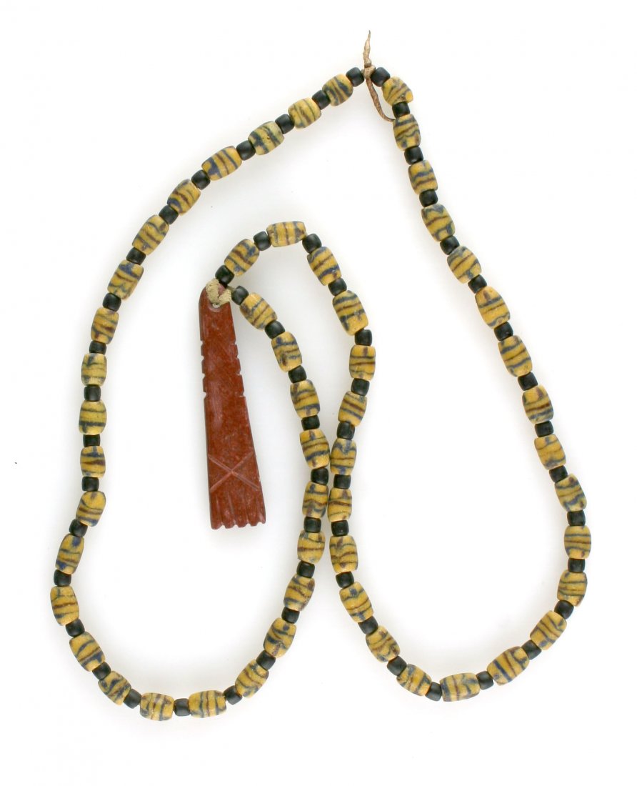 32" Sand Cast Beaded Necklace with Pendant: Nice Catlinite pendant on this necklace with alternating yello sand cast beads with black spacer beads. Ex - Tate Collection. Exact age unknown.