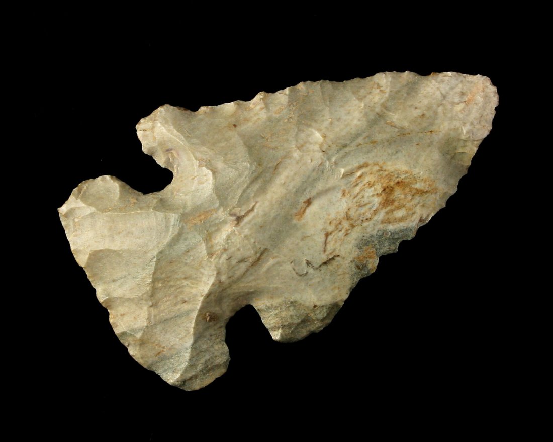 2 3/4" Thebes: Nice Attica (Indiana Green) Chert piece with smooth bevel on this Early Archaic Knife Form.