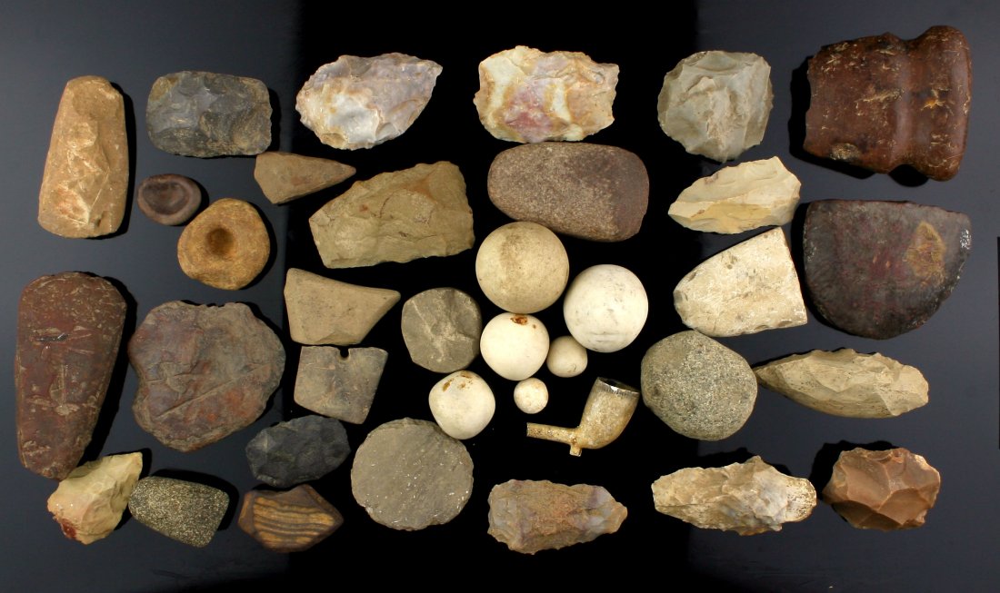 36 Eastern Kentucky Stone Tools: A mix of Celts, Hematite Axes, pottery lids, games balls.. Etc. All found in Carter Co., Kentucky by Ken Broughton