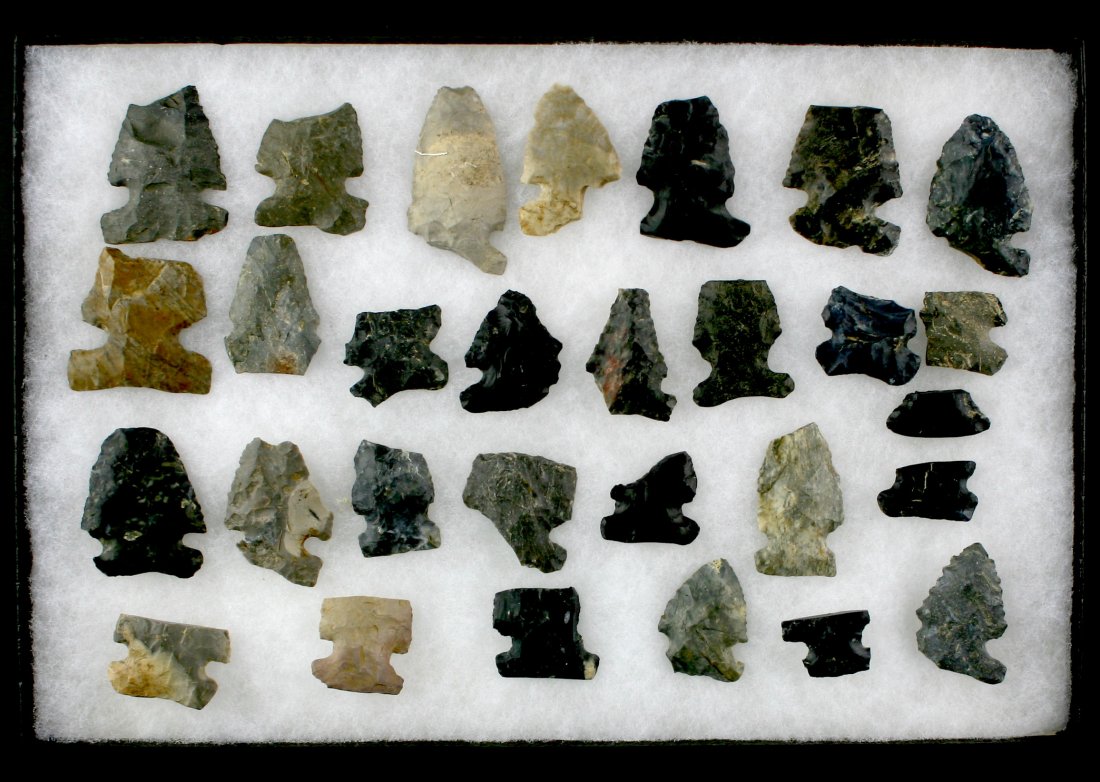 8x12 Display of 29 Archaic Side Notches: Fragmentary Study/Decorative Frame of mostly Ohio materials recovered from the Harold Mishler farm on Hankins Road in Stark Co., Ohio.