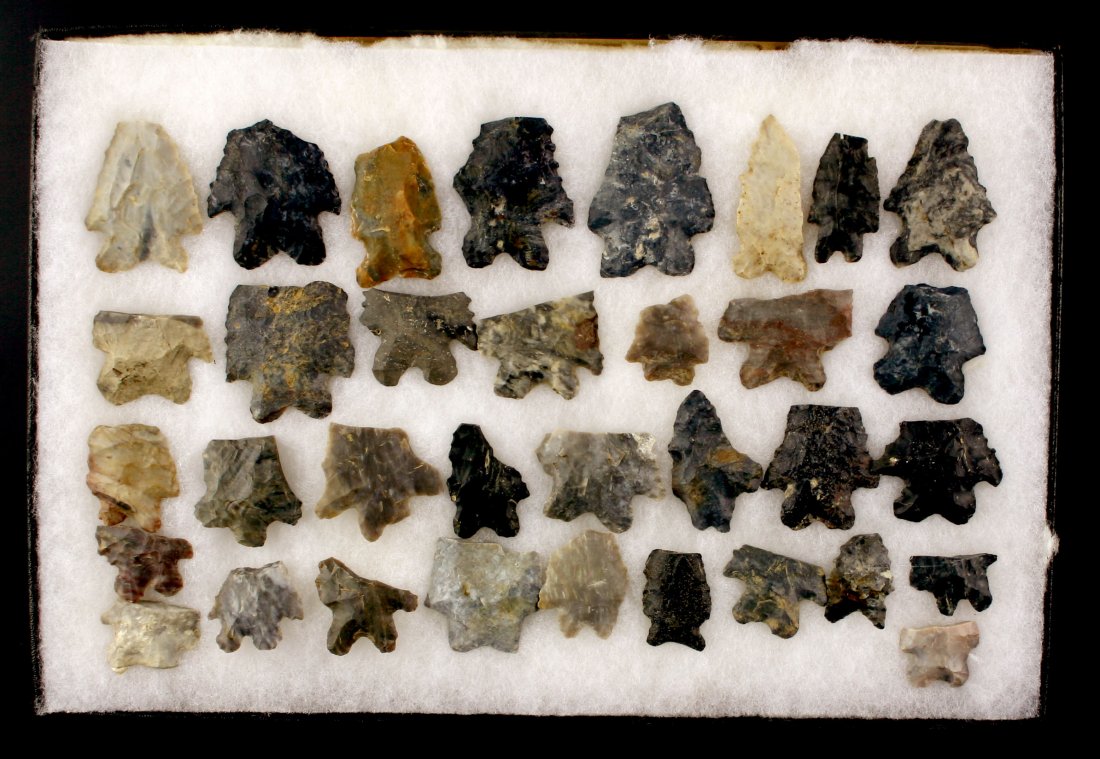 8x12 Display of 34 Bifurcated Archaic Points: Coshocton examples from the Harold Mishler Farm in Stark Co., Ohio on Hankins Road.