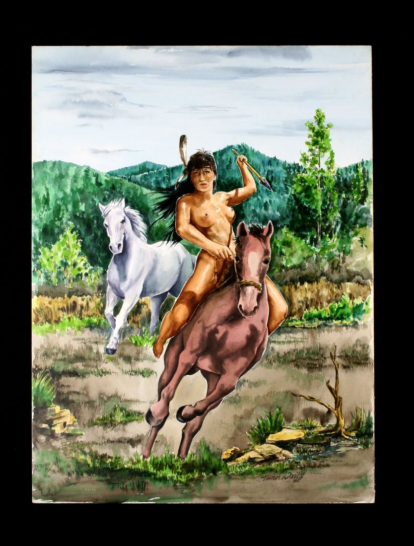 15x20" Nude Watercolor - Native Themed: Thomas A. Daniels signed piece dated 1985 of a nude Native American girl on horseback charging down her prey. Painted on artist's watercolor board.