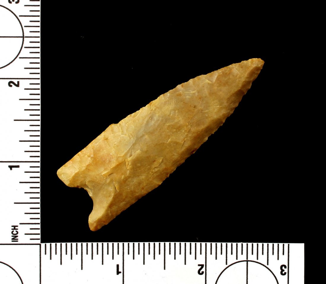 2 15/16" Meserve - Ex Russell Long: Excellent example in beige Edwards Chert. Found on the Gulf Coast between Sabine Pass and High Island. Ex - Russell Long Collection #242/T11