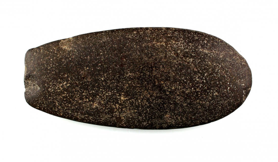 6 1/4" Quartzite Gorget Preform: Adams Co., Illinois example in a purple quartzite with excellent pecking and secondary polish. No holes. Probably going to be a Glacial Kame Sandal Gorget. Ohio Estate Collection.