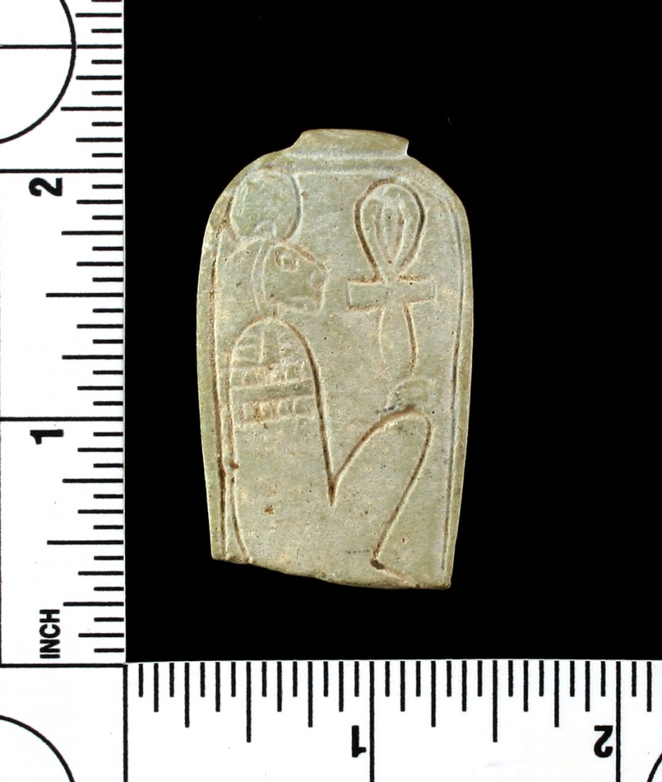 1 13/16" Egyptian Faience Talisman: Hieroglyphics with Ankh. Ex Tedder Collection. Broken.
