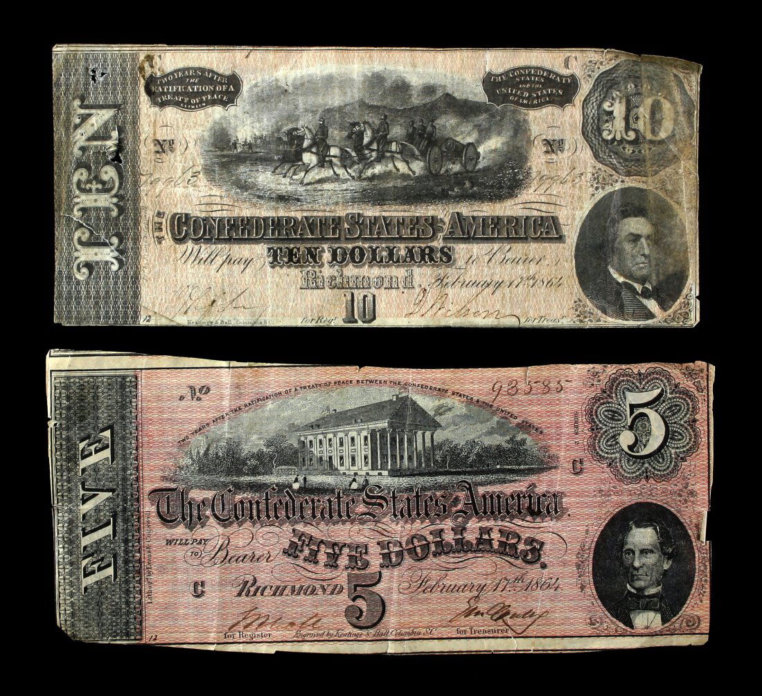 Pair of Confederate Bills $5, $10, (1 of 2)