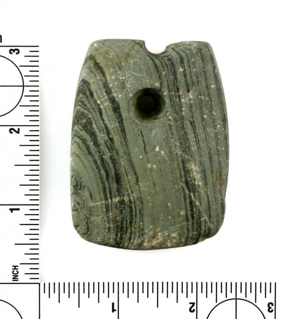 2 5/8" Salvaged Pendant: Blue Banded Slate example from Indiana. Prehistorically salvaged. Ex - Harold French Collection.