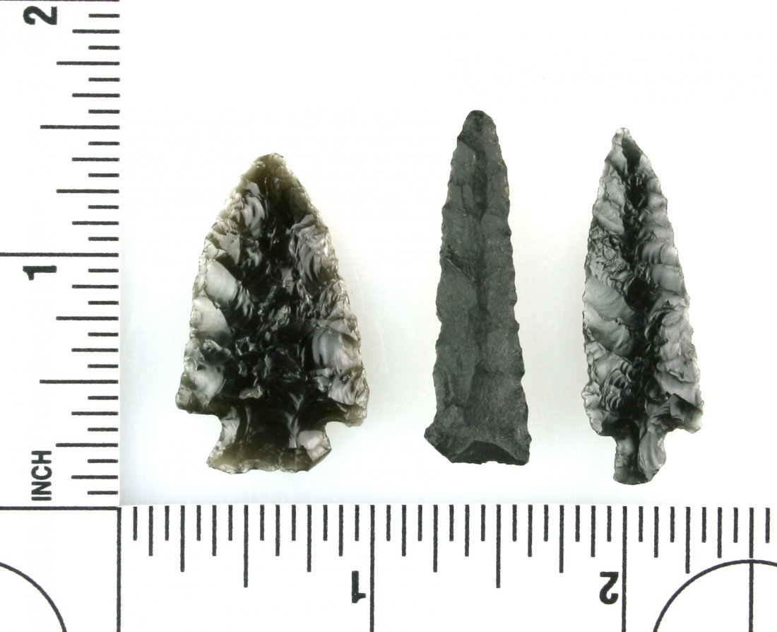3 Obsidian birdpoints: Lake Co., Oregon examples from the Seely Collection.