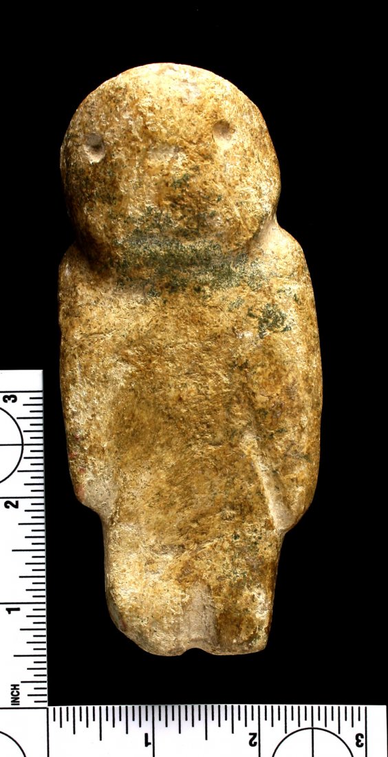 5 3/8" Mezcala Figurine: Excellent Calcified Jade example from Guererro, Mexico. Ex - Paul Simon Collection. Circa 700-200BCE.