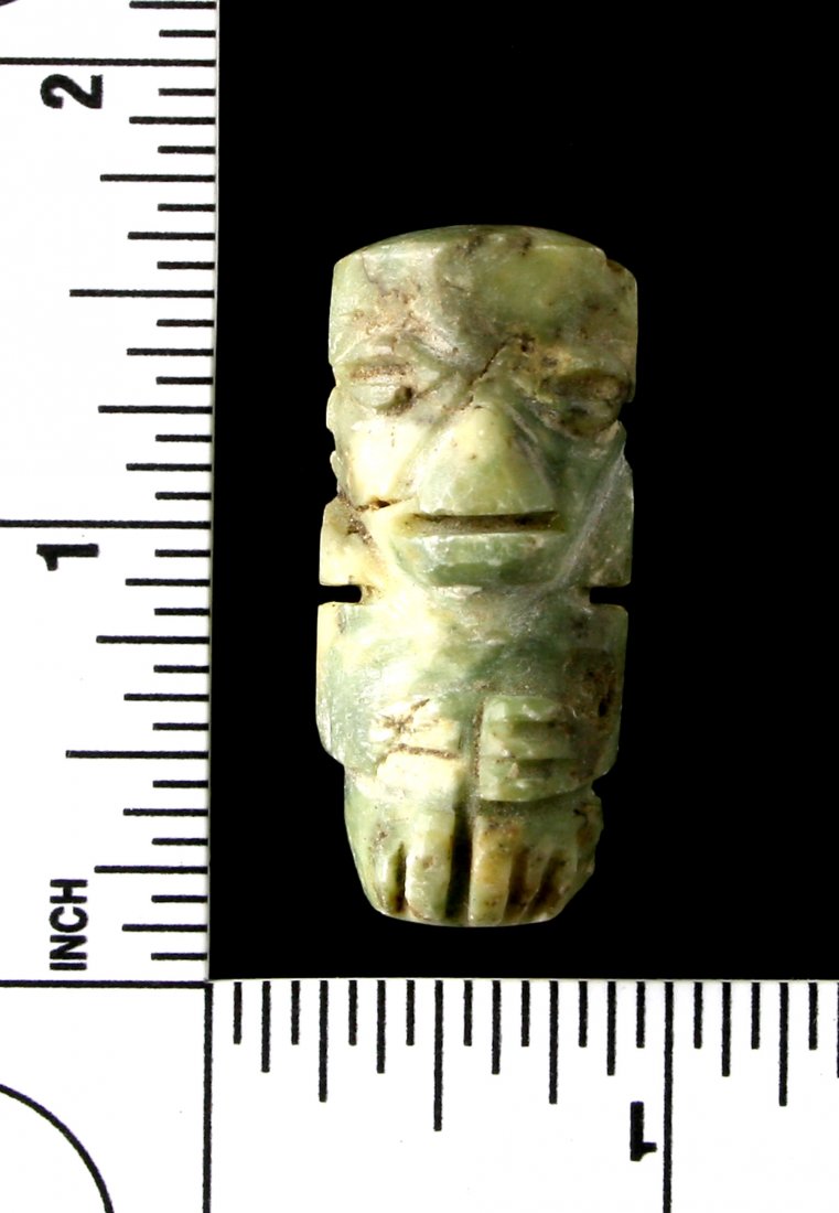 1 1/2" Mezcala Figurine: Green Jadeite exmaple from Guerrero, Mexico. Circa 700-200 BCE. Ex - Paul Simon Collection.