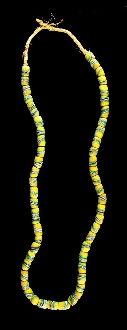 25" Trade Bead Necklace: Sand cast yellow and striped beads.