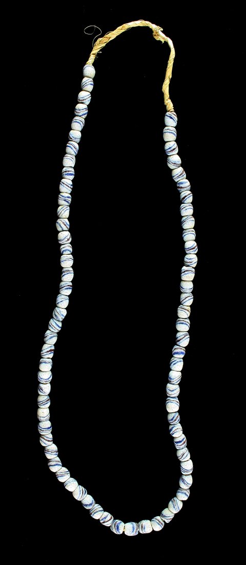 26" Trade Bead Necklace: Sand cast beads. White, maroon, and blue stripe.