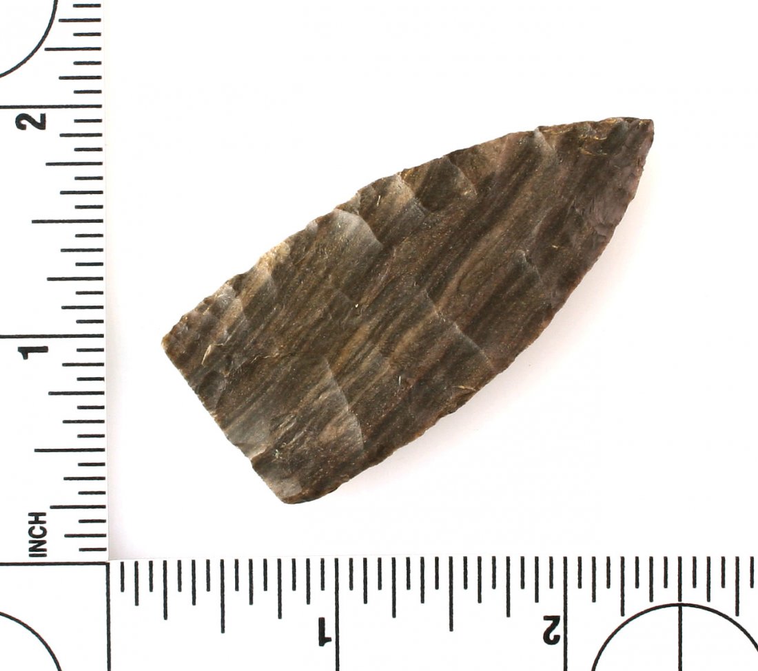 THIN 2 5/16" Triangle: Dover chert example with high gloss and pretty banding. Ex - Griffin Collection. Central Tennessee.