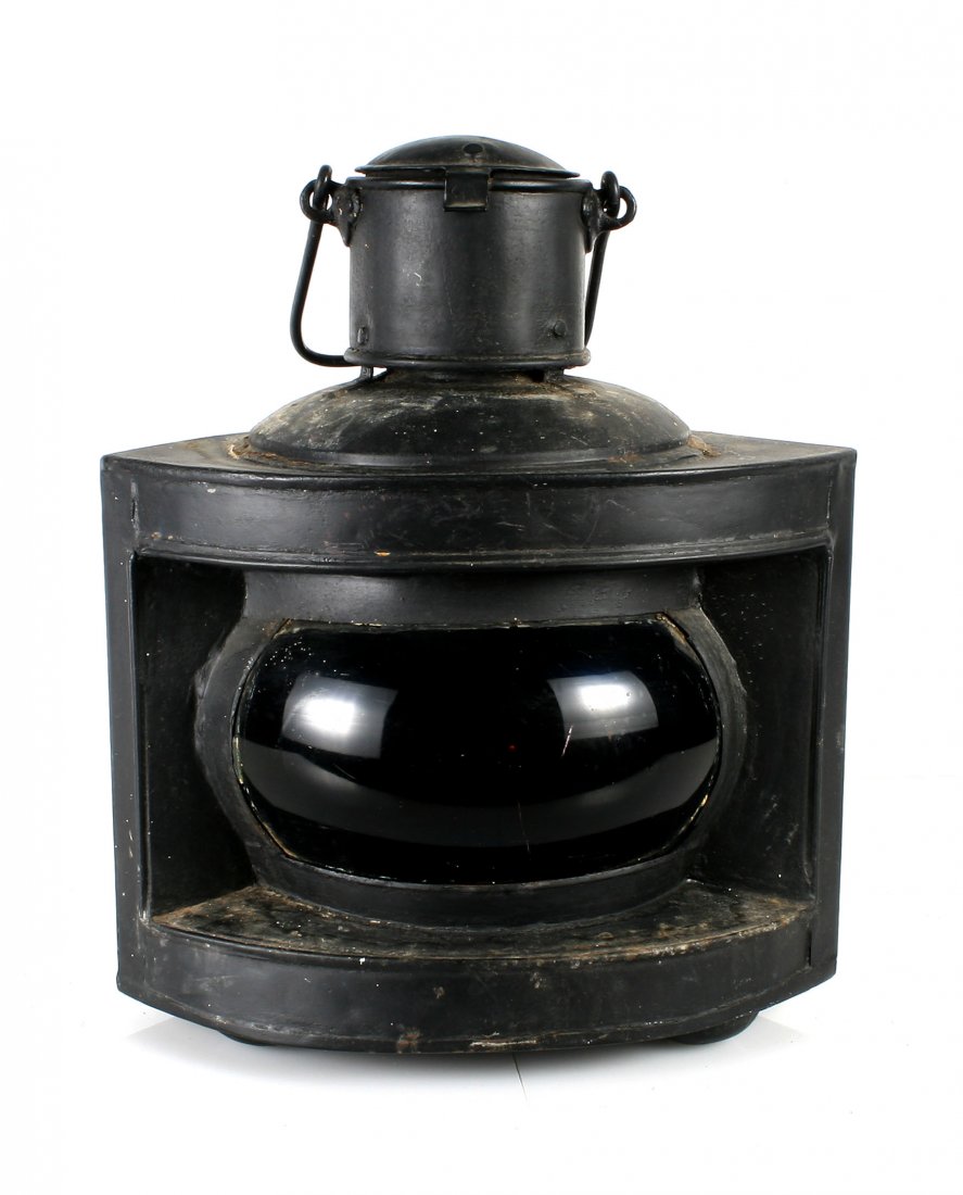 19" Naval Oil Lamp: Navigational aid with intact blue/green globe.