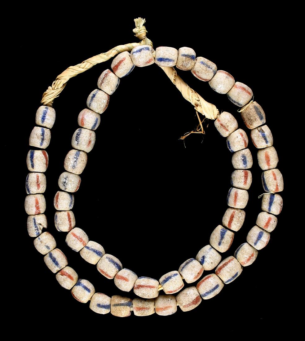 24" Trade bead Necklace: Sand cast beads in white with red and blue