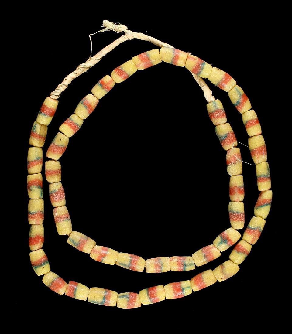 24" Trade Bead Necklace: Sand cast beads in Yellow with orange and blue/green