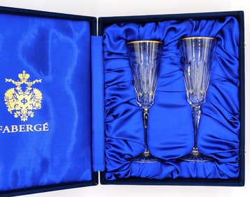 Fabergé Imperial Eagle Crystal Champagne Flutes with 24k Gold Rims & Original Case