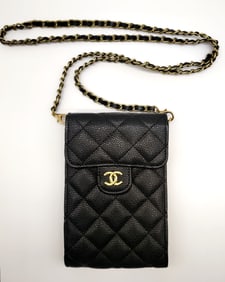 Chanel Flap Mini Phone Holder Grained Caviar and Lacquered Metal