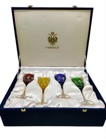 Set of 4 Fabergé Odessa Crystal Wine Goblets Cut To Clear Cased Crystal Signed in a Blue Velvet