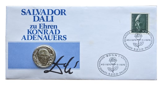 23g Silver, Salvador Dali "KONRAD ADENAUER" Medal, .900 Fineness, 1976 Germany, in Black Leather