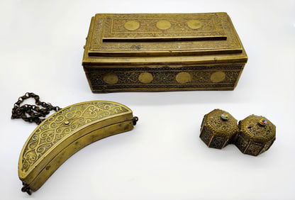Lot of 3 Bronze with Silver Inlay Betel Nut Boxes