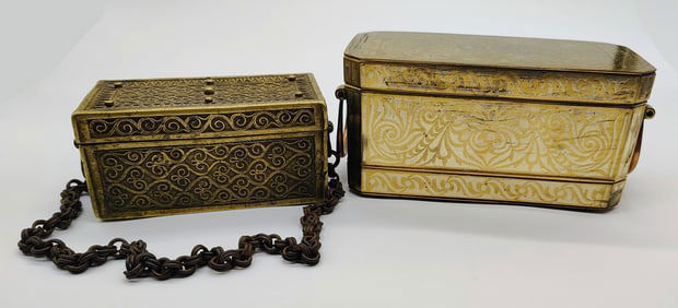 Lot of 2 Betel Nut Boxes (Gold tone and brass)
