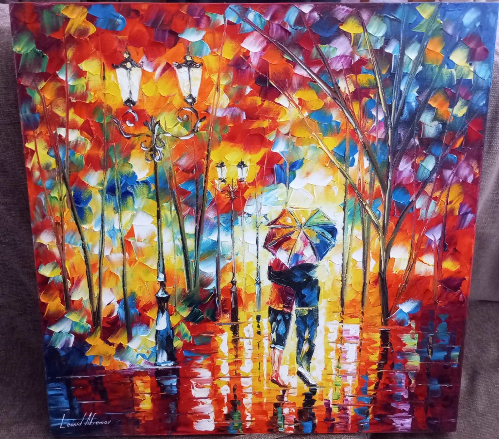 Leonid Afremov (1955-2019): UNDER UMBRELLA, Original oil painting, dimensions (width × height): 24 × 24 in (610 × 610 mm)