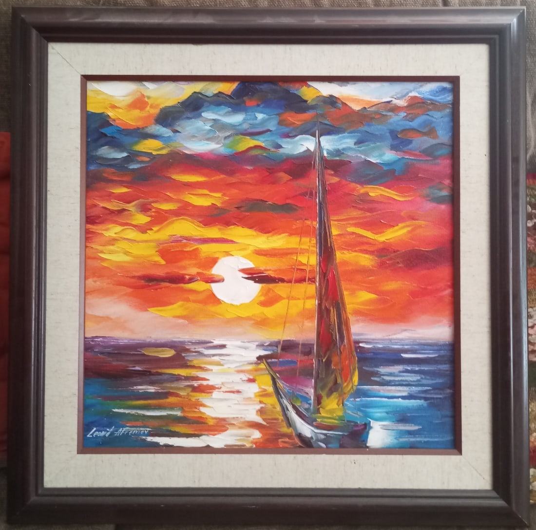 Leonid Afremov (1955-2019): lonely sailing, Limited Edition Original oil painting, dimensions (width × height): 16 × 16 in (406 × 406 mm)