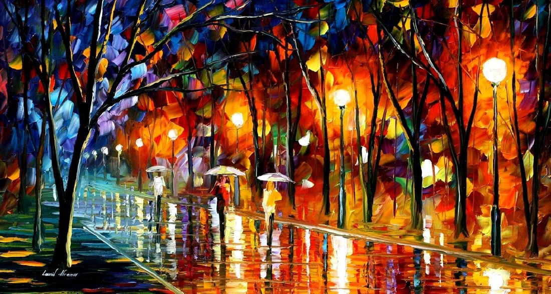 Original recreation, Leonid Afremov (1955-2019): Evening Rain In the Park, Original recreation oil painting, dimensions (width × height): 72 × 30 in (1829 × 762 mm)