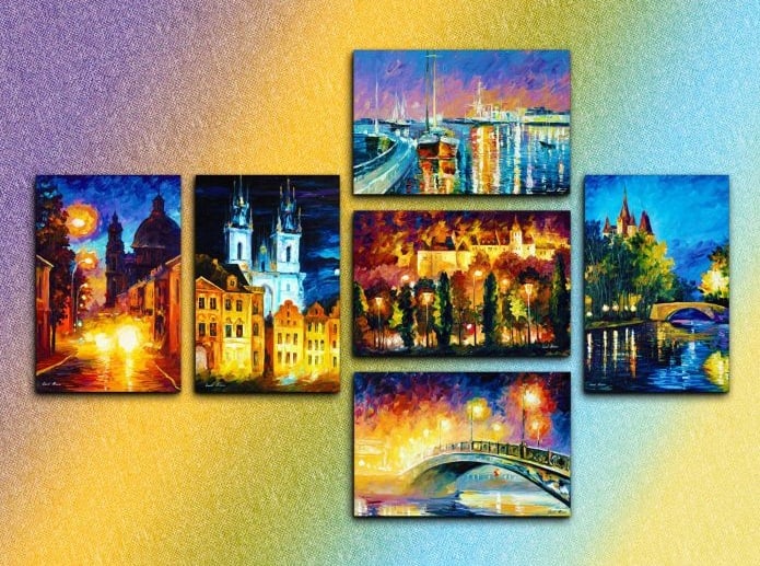 Studio recreation of a painting of Leonid Afremov (1955-2019): Enchanting cities- set of 6 paintings, Studio recreation oil painting, dimensions (width × height): 8 × 12 in (203 × 305 mm)