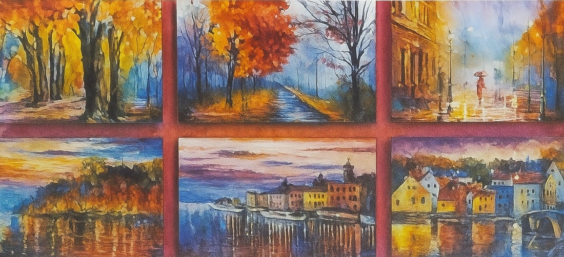 Studio recreation of a painting of Leonid Afremov (1955-2019): Colorful emotion- set of 6 paintings, Studio recreation oil painting, dimensions (width × height): 8 × 12 in (203 × 305 mm)