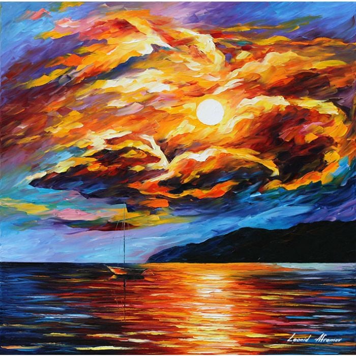Studio recreation of a painting of Leonid Afremov (1955-2019): Golden Evening Clouds, Studio recreation, limited edition oil painting, dimensions (width × height): 20 × 20 in (508 × 508 mm)