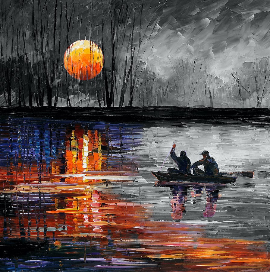 Studio recreation of a painting of Leonid Afremov (1955-2019): Fishing on the Lake, Studio recreation, limited edition oil painting, dimensions (width × height): 20 × 20 in (508 × 508 mm)