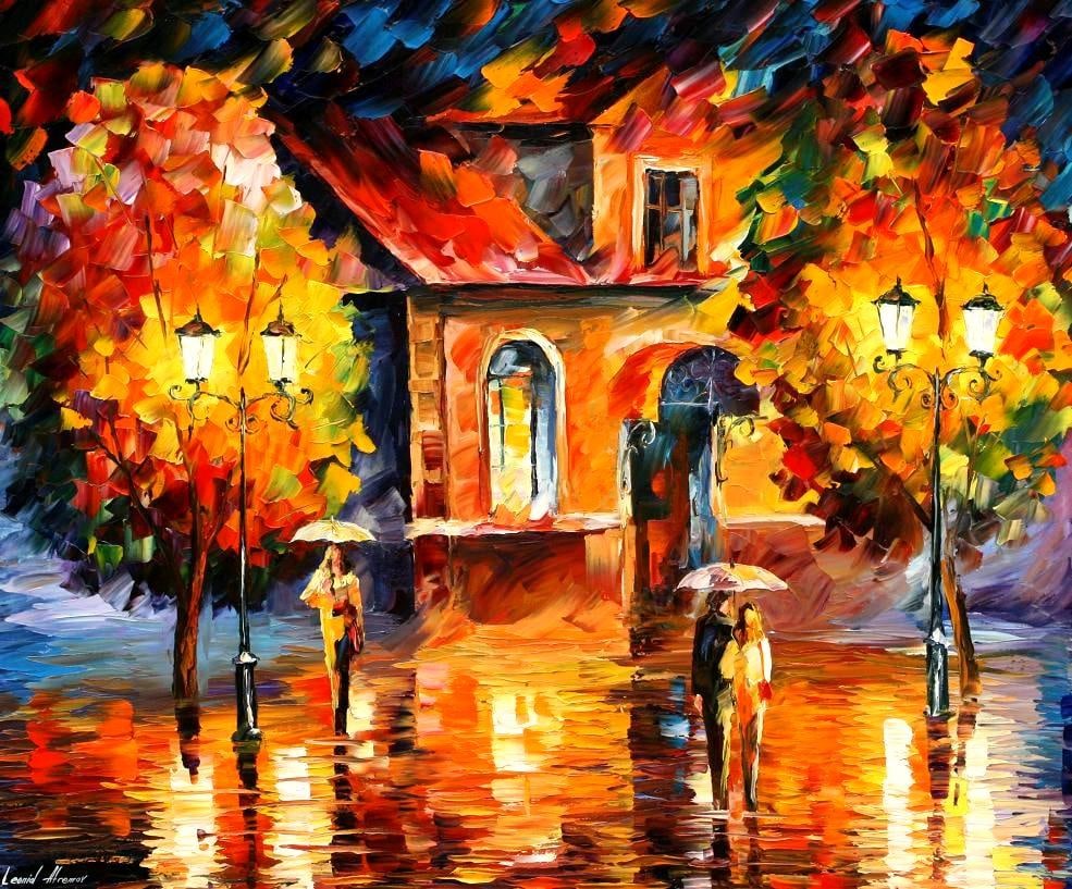 Studio recreation of a painting of Leonid Afremov (1955-2019): RAIN IMPRESSION, Studio recreation oil painting, dimensions (width × height): 24 × 20 in (610 × 508 mm)