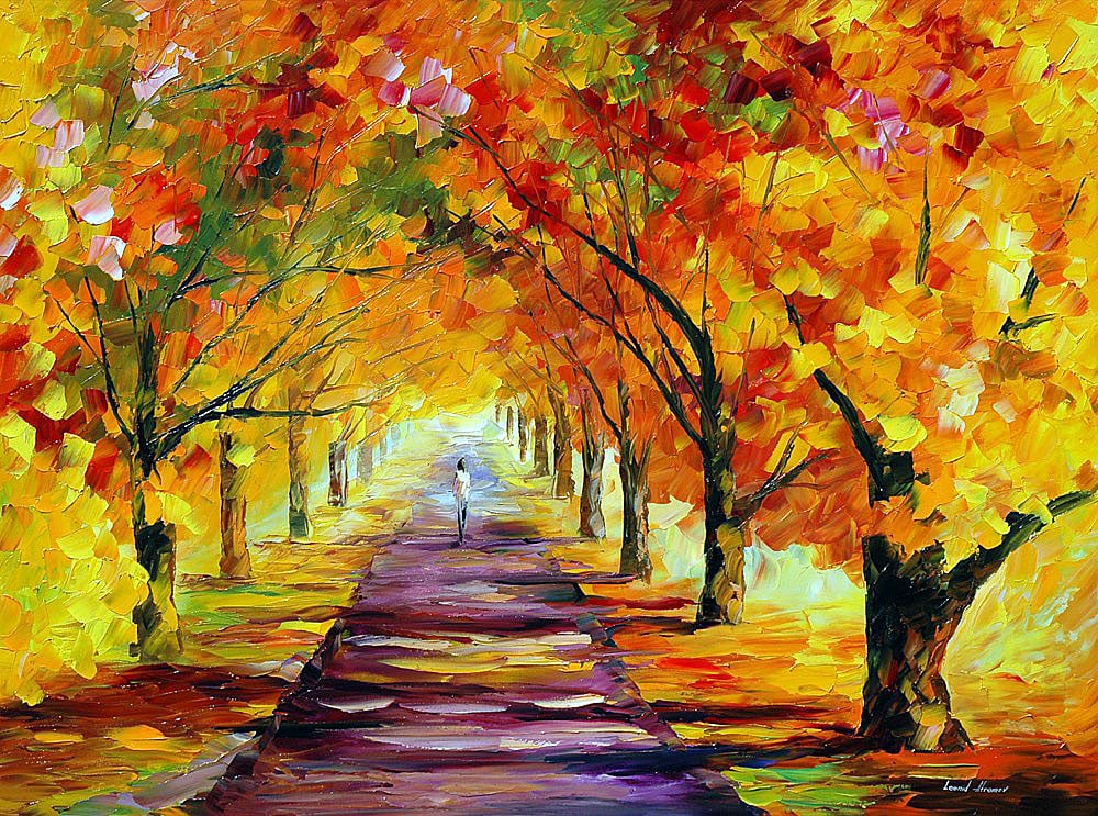 Studio recreation of a painting of Leonid Afremov (1955-2019): GOLD FALL, oil painting, dimensions (width × height): 30 × 24 in (762 × 610 mm)