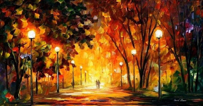 Studio recreation of a painting of Leonid Afremov (1955-2019): AWAY FROM THE SUN, oil painting, dimensions (width × height): 36 × 20 in (914 × 508 mm)